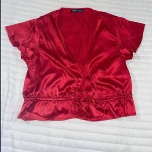 small red v neck tie shirt